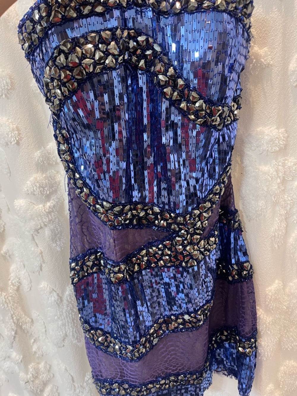 Jovani blue sequin mini dress with beading and lace - Picture 2 of 5